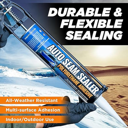 [Black] 2 Pack Professional Automotive Seam Sealer, Paintable Quick-Set Polyurethane Auto Body Seam Sealer for Metal Surfaces of Cars, Trucks, Etc, Includes Gloves & Tip - Black RV Roof Sealant