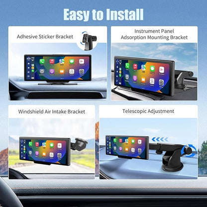 Wireless Carplay Screen, 10.26"Portable Car play & Android Auto Touch Screen, Bluetooth Double Din Car Stereo with 4K Dash Cam,1080P Backup Camera/Mirror Link/Voice Control/GPS/AUX/FM for All Vehicles