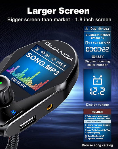 Bluetooth FM Transmitter (Upgraded Version) in-Car Wireless Radio Adapter Kit W 1.8" Color Display Hands-Free Call Fast Charging 18W and Smart 2.4A Dual USB Ports, TF Card MP3 Player