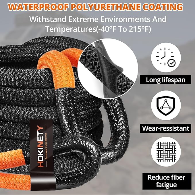 Kinetic Recovery Tow Rope: 1.25" x 30ft 54000LBS Snatch Strap Heavy Duty Offroad Towing Straps Kit for Trucks SUV UTV ATV Tractor Car Jeep - Black