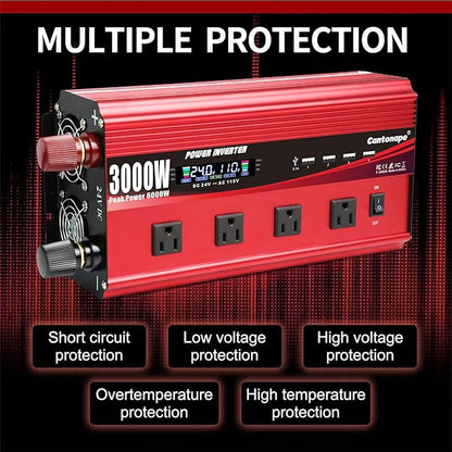3000W Power Inverter 24V to 110V/120V DC to AC with LCD Display, Remote Controller 4 x AC Outlets and 4 x 3.1A USB Car Adapter for Car Truck Boat RV Solar System