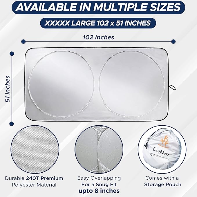 EcoNour RV Windshield Sunshade | Reflective RV Windshield Cover for UV Rays & Heat Protection, Keeps Your RV Motorhome Cool | Shades for RV Fits RVs, Trucks, Motorhomes, Buses | XXXXX-Large 102"x51"