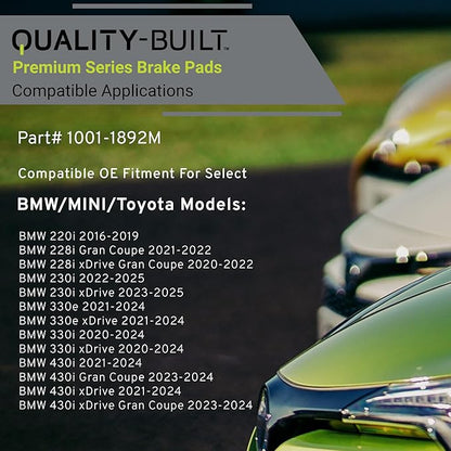 Premium Semi-Metallic Front Brake Pads (1001-1892M) Compatible with 2016-2025 BMW/Mini/Toyota (220i/228i/230i/330e/330i/430i/Cooper Clubman/Cooper Countryman/GR Supra/X2/X3/X4/Z4 & More)