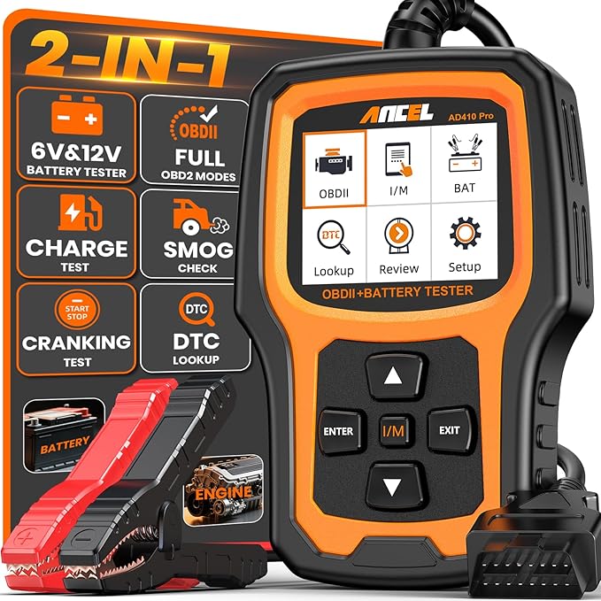 ANCEL AD410 PRO OBD2 Scanner and Battery Tester,2-in-1 Car Diagnostic Tool,Check Engine Light,EVAP Test,Live Data,6V/12V Battery Analyzer with Cranking & Charging System Test for Car Motorcycle