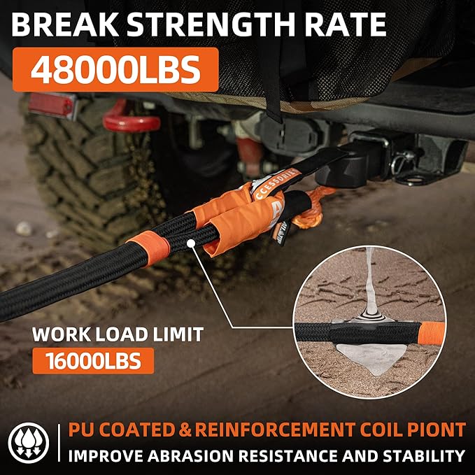 ALL-TOP Kinetic Recovery Rope, 48000Lbs, 1in x 20ft, Heavy Duty 30+% Elasticity, 16000Lbs Work Load Limit for 4x4 Offroad Vehicle