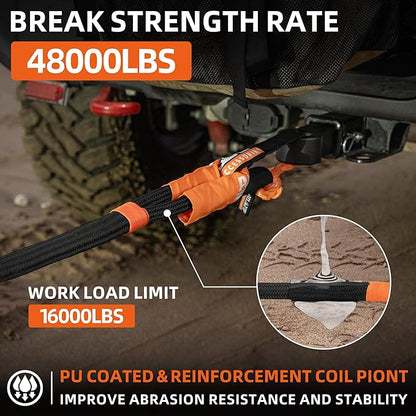 ALL-TOP Kinetic Recovery Rope Kit w/ 2 Soft Shackles, 48000Lbs, 1in x 20ft, Heavy Duty 30+% Elasticity, 16000Lbs Work Load Limit
