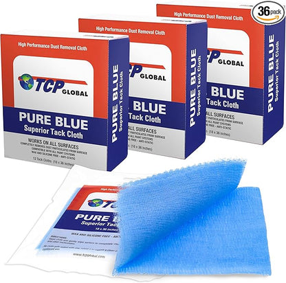 TCP Global - Pure Blue Superior Tack Cloths - Tack Rags (Box of 36) - Automotive Car Painters Professional Grade - Removes Dust, Sanding Particles, Cleans Surfaces - Wax and Silicone Free, Anti-Static