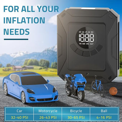 PAULINN Tire Inflator Air Compressor 12V DC Portable Air Pump 150 PSI for Car Tires, Auto Tire Pump with Digital Pressure Gauge, Auto Shutoff & LED Light for Cars, Motorcycles, Bikes & Balls, Black