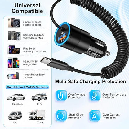 USB C Car Charger Fast Charge,2-Pack 38W PD 3.0 USB C Cigarette Lighter USB Charger with 3.5FT Type C Cable,Car Adapter Compatible with Samsung S25/S24/S23/S22 Ultra,iPhone 16 15 Pro Max SE,iPad,Pixel
