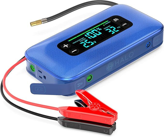 HALO Bolt Ultimate 3 Portable Car Battery Jump Starter | 130 PSI Air Compressor, 55.5Wh USB Power Bank, Large Display, Emergency Floodlight & Charger, Jumps Cars SUVs & Trucks, Inflates Tires — Cobalt