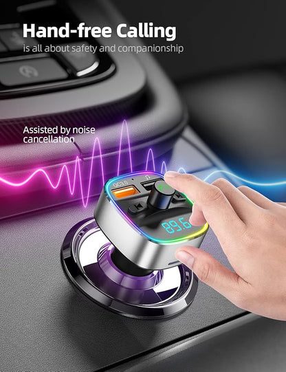 Nulaxy Bluetooth FM Transmitter for Car,Bluetooth Car Adapter Charger with Dual USB Charging Ports, MP3 Music Player Supports TF Card & USB Disk,Hands Free Calling, 7 Colors Led Backlit Light - Silver