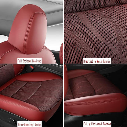 Tesla Model Y Seat Cover Full Set, Faux Leather Tesla Car Seat Cover, Perfect Suitable for Tesla Model Y 2020 2021 2022 2023 2024 2025 (Wine Red)