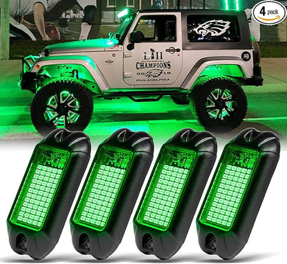 Nicoko 4Pods Pure Green LED Rock Lights 72w high Power Rock Lights Neon Underglow Light for Car Trucks ATV UTV SUV Boat Underbody Glow Trail Rig Light IP68 Waterproof