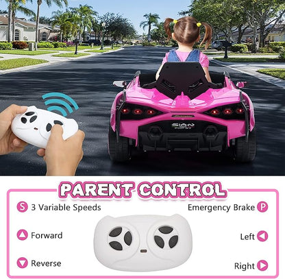 Licensed Lamborghini SIAN Kids Electric Ride On Car Toy by TOBBI, 12V Battery Powered Vehicle with Parent Remote Control for Toddlers 3-6 to Drive w/Functions/Seatbelt/Horn/LED Lights-Pink