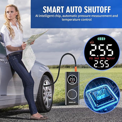 Cordless Tire Inflator with Dual Nozzle & Digital Gauge, 150PSI Portable Air Compressor for Car SUV Motorcycle Bike Tires, USB-C Rechargeable, Auto Shut Off, LED Light, 20000mAh 12V DC Power