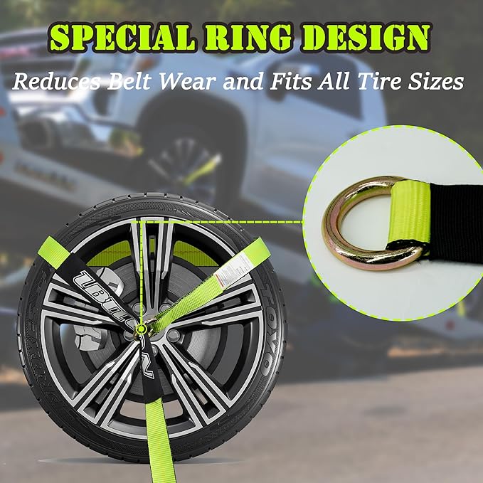 4 Pack Car Tie Down Straps for Trailers - 2" x 96" - 3,300 lbs Safe Working Load -Adjustable Wheel Straps for Hauling Cars.Green