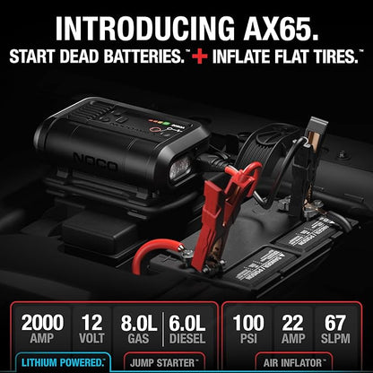 NOCO Boost Air AX65: 2000A Jump Starter with Air Compressor Tire Inflator – Starts 8.0L Gas & 6.0L Diesel – 67 SLPM Airflow Inflates 0–40 PSI in 2 Minutes