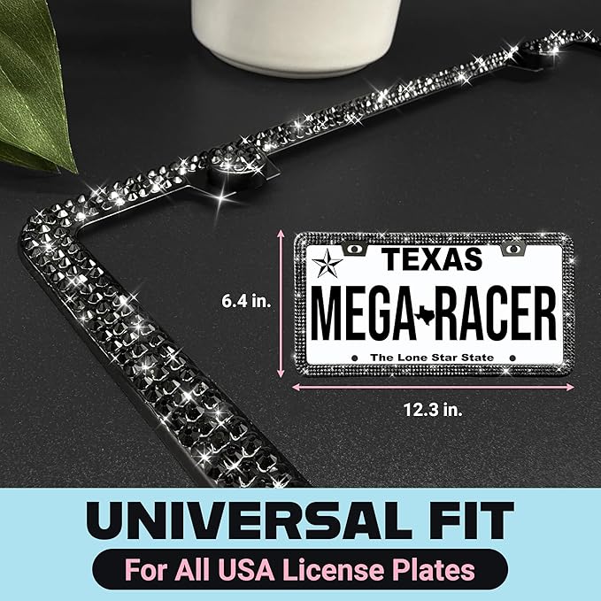 Elegant Bling License Plate Frames for Women - 2 Pack, 1600 Premium Black Rhinestones, Rust-Free Stainless Steel, Street Legal Slim Design, Sparkly Diamond Car Tag Holders with Glitter Crystal Covers