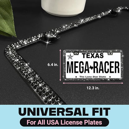 Elegant Bling License Plate Frames for Women - 2 Pack, 1600 Premium Black Rhinestones, Rust-Free Stainless Steel, Street Legal Slim Design, Sparkly Diamond Car Tag Holders with Glitter Crystal Covers