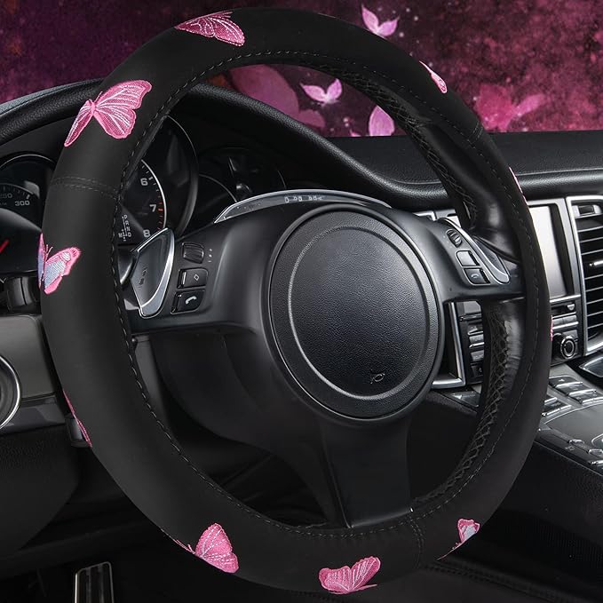 Car Pass Pink Embroidery Butterfly Steering Wheel Cover, Universal 15 Inch Car Wheel Cover for Women Girls, Fit for Suvs,Small Trucks,Sedans,Cars (Black and Pink)