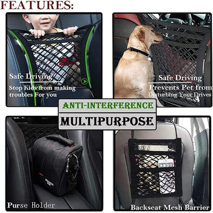 DYKESON Pet Barrier Dog Car Net Barrier with Auto Safety Mesh Organizer Baby Stretchable Storage Bag Universal for Cars, SUVs -Easy Install,Safer to Drive with Pets and Children, 3 Layer S