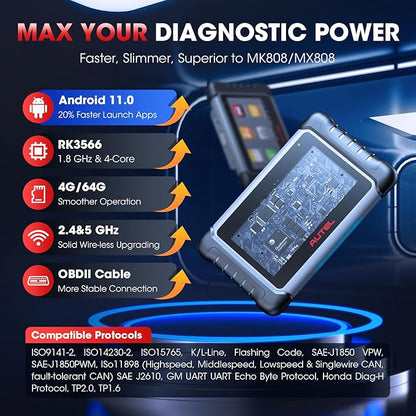 Autel Scanner MaxiCOM MK808S: 2025 Bidirectional Tool as MK808BT Pro MX808S M808Z, Work as MaxiCheck MX900 MK900BT, 28+ Service, Active Test, All System Diagnose, Injector Coding, FCA Autoauth OS 11