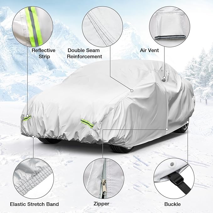 YOLENY Car Cover Waterproof All Weather Full Exterior Covers with Zipper,Universal Fit Sedan Chevrolet Corvette,Ford Fusion,Kia Stinger,Nissan Maxima,Subaru Legacy,Honda Accord etc.(UP to 191 inch)