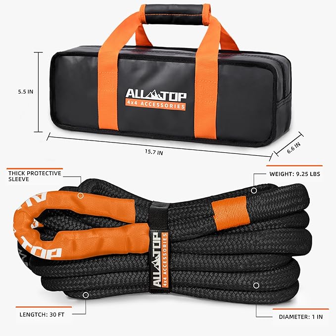 ALL-TOP Kinetic Recovery Rope, 48000Lbs, 1in x 30ft, Heavy Duty 30+% Elasticity, 16000Lbs Work Load Limit for 4x4 Offroad Vehicle
