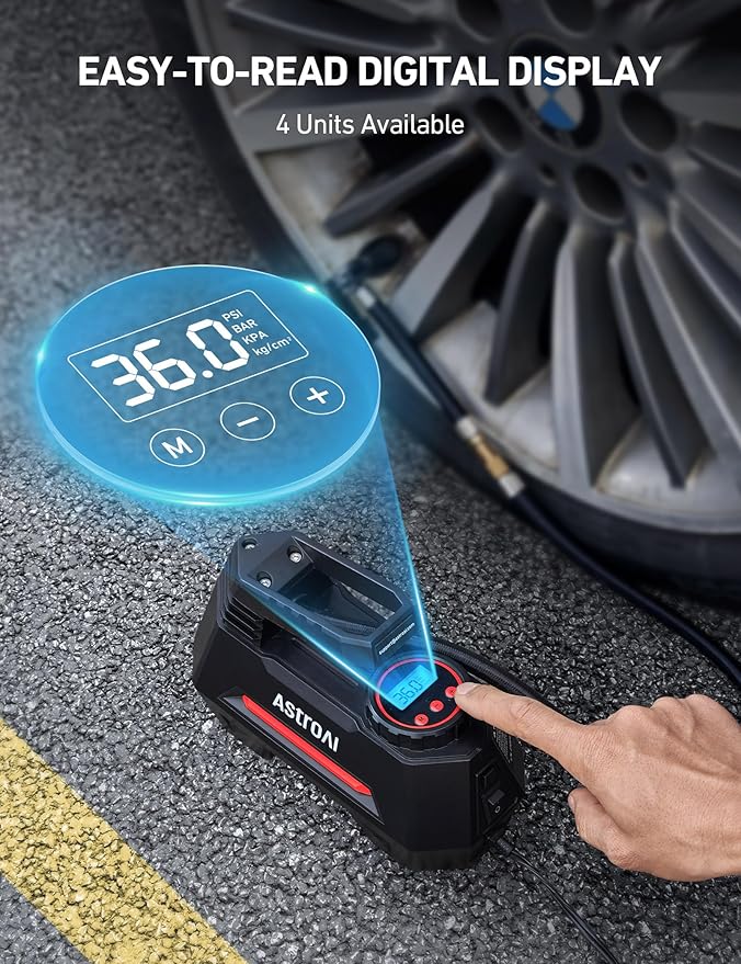 AstroAI Tire Inflator Portable Air Compressor Tire Air Pump for Car Tires - Car Accessories, 9.8Ft 12V DC-Powered Auto Pump with Digital Pressure Gauge, LED Light for Bicycle, Balloons, Orange