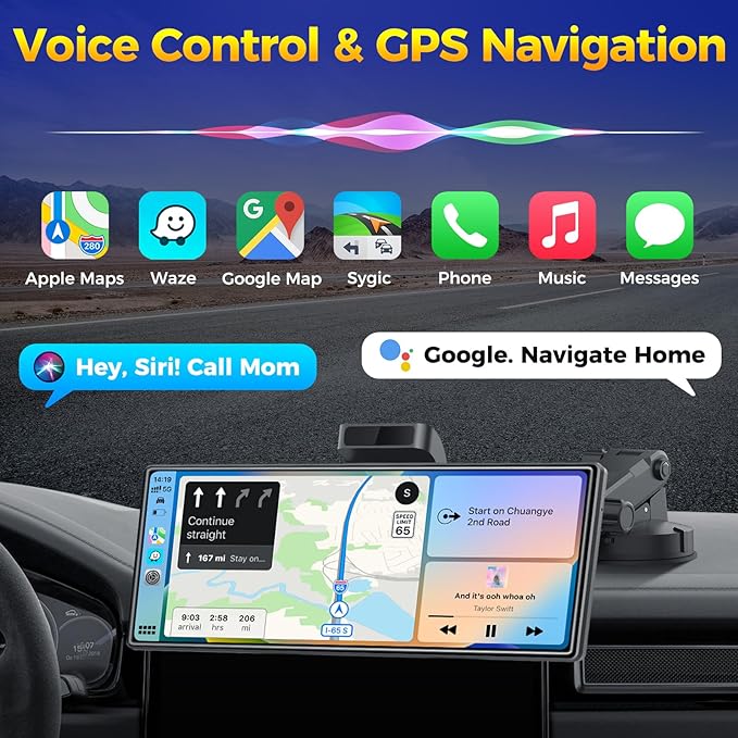 10.26" Wireless Apple CarPlay Android Auto Car Screen - Secure Strong Bracket, 4K Dash Cam, GPS Navigation, HD Touchscreen, AirPlay, Car Stereo, Fits All Vehicles
