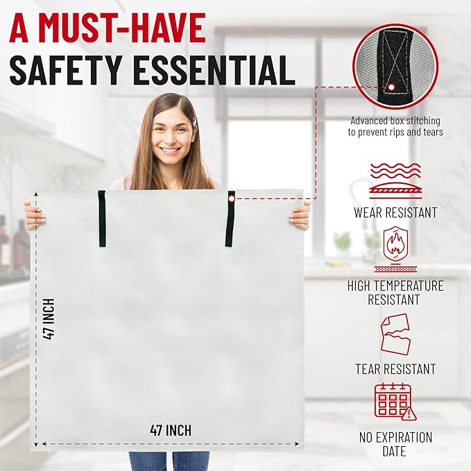 Emergency Fire Blanket for Home and Kitchen - 47"x47" - Must Have Fire Protection - Fire Suppression Fiberglass Fire Blankets for House Camping Car Office Emergency Survival Safety (1 Pack)
