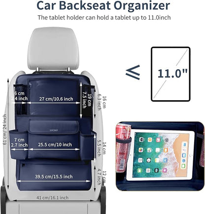 LUCMO Car Backseat Organizer with Touch Screen Tablet Holder,9 Storage Pockets Car Storage Organizer,Protectors Kick Mats Travel Accessories for Kids-Dark Blue