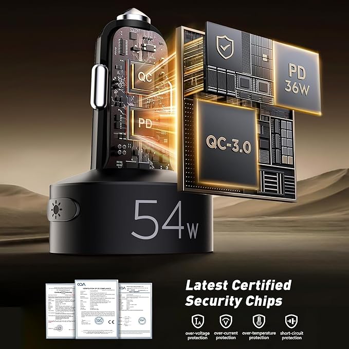 FM Transmitter Bluetooth 5.3, 54W Fast USB Car Charger [PD 36W& QC3.0 18W] Cigarette Lighter Wireless Radio Adapter Supports Hands-Free Call, Aux 3.5mm, 9 Colors LED Backlit