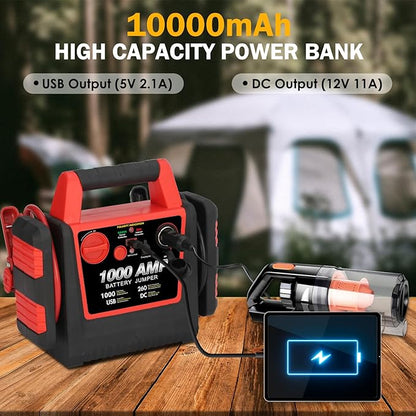 Car Battery Jump Starter-1000Amp 12V Lead-Acid Battery Jump Box with 260PSI Air Compressor, 10000 mAh Portable Power Station, Jump Pack for Vehicles Up to 5L Gas or Diesel