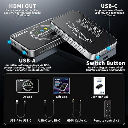 4-in-1 Wireless CarPlay Adapter & Android Auto Wireless Adapter, Stream Netflix, YouTube, and More, Split-Screen & Mirroring, for Cars with OEM Wired CarPlay/Android Auto
