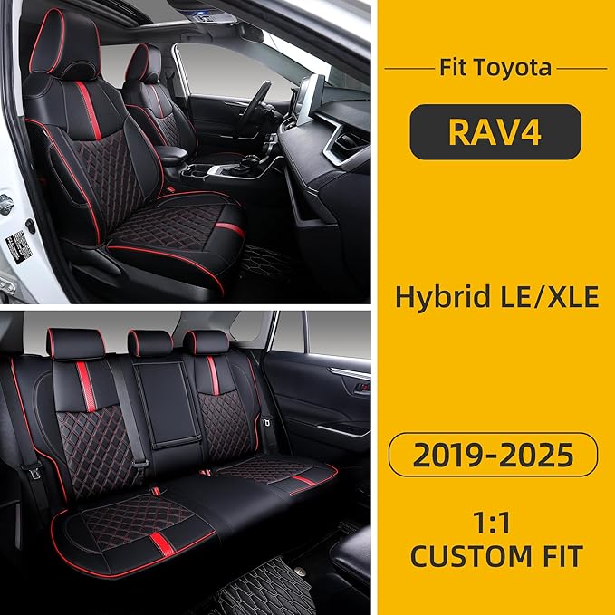 Custom Fit RAV4 Seat Covers for 2019-2025 Toyota RAV4 Hybrid LE,XLE,XLE Premium,Limited Full Coverage Waterproof Leather Car Seat Covers Full Set (Black with Red Trim)