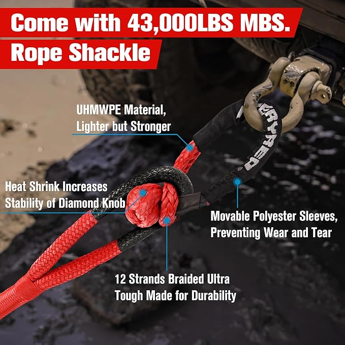 FieryRed Kinetic Recovery Rope Kit with 2 Soft Shackles, 7/8 Inch x 20 FT Tow Rope,Heavy Duty Offroad Snatch Strap for UTV, ATV, Truck, Car, Jeep, Tractor