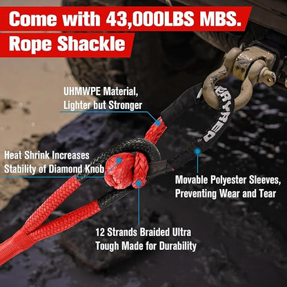 FieryRed Kinetic Recovery Rope Kit with 2 Soft Shackles, 7/8 Inch x 20 FT Tow Rope,Heavy Duty Offroad Snatch Strap for UTV, ATV, Truck, Car, Jeep, Tractor