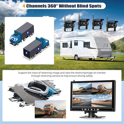 1080P Wireless RV Backup Camera System,9 Inch Reverse Camera Monitor for 4 Channels with IP69 Waterproof Night Vision Backup Camera Front Rear View Camera for Truck/RV/Van/SUV/Pickup