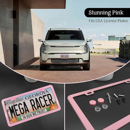 Premium Princess Pink License Plate Frame – 1 Pack, Rust-Free Stainless Steel, Street Legal & Rattle-Free, Universal Slim Design with Screw Covers, Durable Car Tag Holder for Women, Cute & Girly Gift