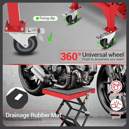 Hydraulic 350LBS Motorcycle Lift Jack - Foot-Pump Scissor Lift Table with Safety Lock, Wheels & Oil Drain Hole - Height Adjustable 13.78-34.25" for ATV, Dirt Bike, Cruiser Maintenance Red