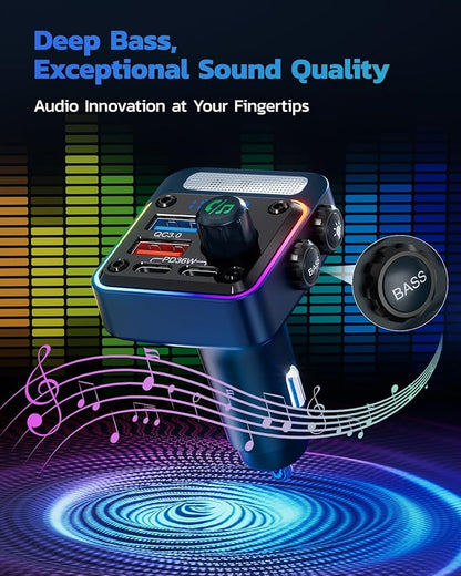 Nulaxy 54W Bluetooth 5.3 Car Adapter with 4 Charging Ports [PD 36W & QC3.0 18W], Wireless Radio FM Transmitter with Deep Bass Player & 5 Colors LED Backlit, Hands-Free Calling - Blue