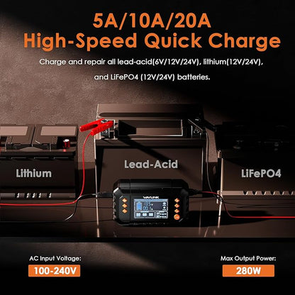 WAVLINK Smart Battery Charger, 20-Amp, Car Battery Charger with LCD Display, for 6V/12V/24V Lead-Acid/Lithium/LiFePO4 Batteries, Trickle Battery Maintainer and Desulfurizer for Car, Boat, Motorcycles