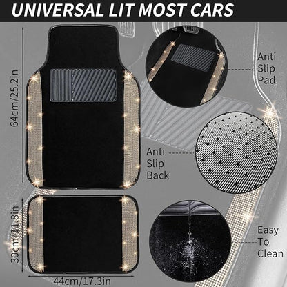 NBTEPEM Gold Bling Car Floor Mats Full Set, Universal Fit Most Cars,SUV, Trucks, 4 pcs Sparkle Glitter Diamond Carpet for Women Girls with Anti-Slip Pad (Gold Diamond)
