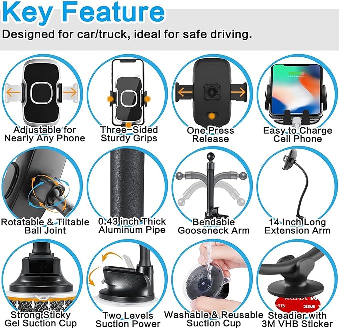 1Zero Solid Car Truck Phone Mount Holder with 14-Inch Gooseneck Long Arm, Windshield Window Mobile Holders w/Industrial-Strength Suction Cup, Anti-Shake Stabilizer Compatible All Cell Phones iPhone