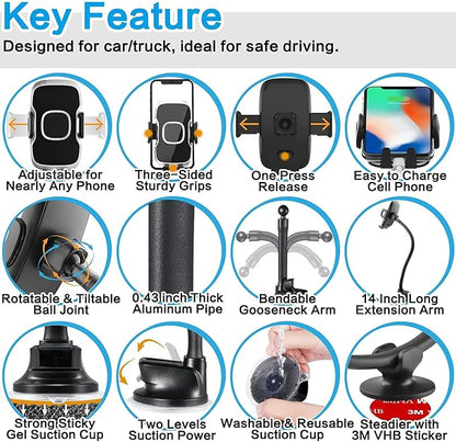 1Zero Solid Car Truck Phone Mount Holder with 14-Inch Gooseneck Long Arm, Windshield Window Mobile Holders w/Industrial-Strength Suction Cup, Anti-Shake Stabilizer Compatible All Cell Phones iPhone