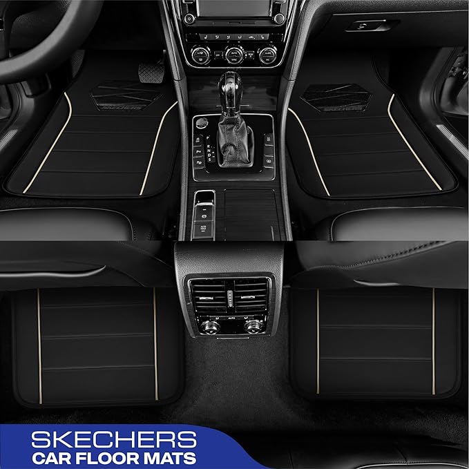 Skechers Memory Foam Car Mats, Leather Piping with Anti-Slip Pad, Universal Waterproof Fit Automotive Floor Mats for SUV, Vans, Sedans, Trucks, Full Set 4pcs Beige
