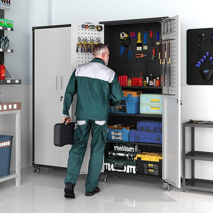 Garage Metal Storage Cabinet with Pegboard, 71'' Tall Storage Cabinet with Adjustable Shelves and Doors, Rolling Tool Cabinet on Wheels for Garage, Utility Room (Black & Grey)