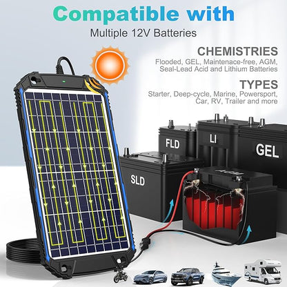 SUNER POWER Waterproof 10W 12V Solar Battery Charger & Maintainer Pro, Built-in UltraSmart MPPT Charge Controller, 10 Watt Solar Panel Trickle Charging Kits for Car Automotive Boat Marine RV Trailer