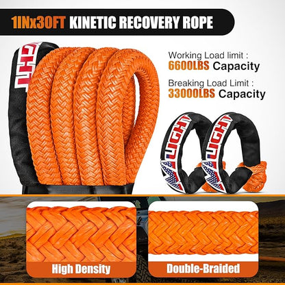 Nilight Kinetic Recovery Tow Rope Kit with 2 Soft Shackle 1" x 30ft Heavy Duty Offroad Tow Rope Snatch Strap Towing Strap kit (33,000LBS) for UTV ATV SUV Truck Car Jeep Tractor